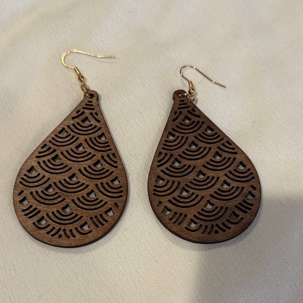 Wooden Brown 3.” Teardrop Earrings